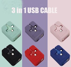 Cabo de carregamento 3 em 1 Suporte para telefone 1m 3FT USB C Tipo-C Micro USB Três em um carregador Rolo de cabo Fita métrica Estilo Linha de data compatível para iPhone 15 14 13 12 11 Pro max Plus