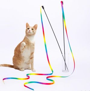 İnteraktif kedi gökkuşağı asası oyuncak kedi teaser sopa ipi şerit charmer pet play chase egzersizi için kapalı uzatılmış uzun 70 inç