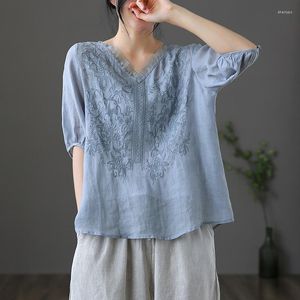 女性のTシャツ夏の女性vネックオーガンザパッチワークエクサイヤーブルーベージュ半袖コットンリネントップシャツ女性xxlトップス