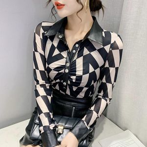 Kvinnors blusar Autumn European Clothes Shirts Female Pu Leather Wid Down Collar Patchwork Plaid Slim Elastic Topps Lång ärm