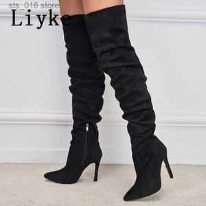 Botas Liyke Moda Plissada Coxa Alta Sobre o Joelho Sapatos Longos Mulheres Botas Outono Inverno Apontou Toe Zip Salto Fino Bombas Tamanho 35-42 T230824