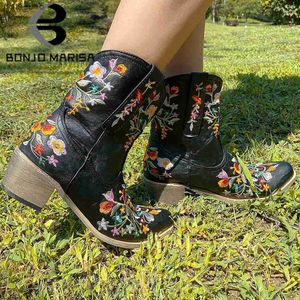 New Brand BONJOMARISA Fashion High Quality Pointed Toe Western For Women Chunky Embroidery Casual Walking Work bac