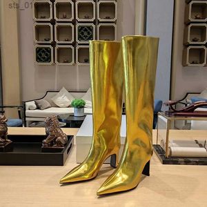 Boots Women's Brand السميكة ذات الكعب العالي في الركبتين العالية الأزياء Pointy Knight Boots الخريف والشتاء أحذية كبيرة للسيدات T230824