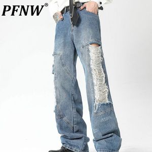 Jeans para hombre PFNW Diseño de pierna ancha Pantalones de mezclilla de cintura alta para primavera y otoño Pareja Piso suelto Borde irregular 12Z4261 230825