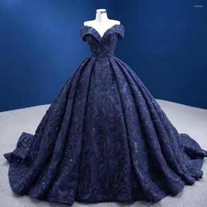 Ethnic Clothing Women Off Shoulder Sequins Beading Prom Gown Elegant Navy Blue A Line Tailing Evening Dress