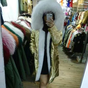 Women's Fur Golden PU Parka Women WinterWhite Faux Coat Male Style Fashion Jacket With Raccoon Collar
