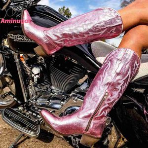 Сапоги Pink Cowboy Western Boots For Women 2023 Новая вышивка Cowgirl Fashion Comfy Cite Spring Summer Lempor