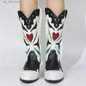 Heart Love Brand Heel Bonjomarisa Embroidery New Chunky Western Boots for Women Casual Vintage Top Top Shoes Woman T230824 702