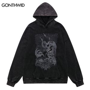 Herren Hoodies Sweatshirts Männer Hip Hop Hoodie Streetwear Vintage Skeleton Skull Devil Print Distressed Washed Hooded Sweatshirt Harajuku Retro Hoodie 230824