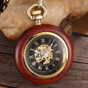 Pocket Watches Vintage Wood Case Mechanical Pocket Watch Roman Numerals Dial Hand Wind Men Skeleton Watch With FOB Chain Pendant For Man Ladies 230825