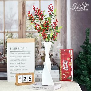 Decorative Flowers Artificial Plants With Leaves And Red Fruits Home Decoration Christmas Berries Small Fresh Fake Flower Ornaments Arrangem