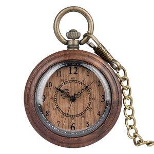 Relógios de bolso elegante relógio de bolso de quartzo de madeira com algarismos árabes mostrador redondo relógio de bolso de madeira bronze fob corrente relógio antigo masculino 230825