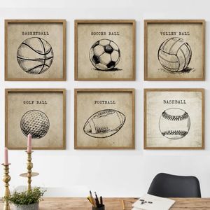 Vintage Calcio Pallacanestro Schizzo Dipinti su tela Palestra Palloni sportivi Poster Stampe Fan del ragazzo Immagine di arte della parete Camera da letto per bambini Soggiorno Decorazioni per la casa Regalo Senza cornice Wo6