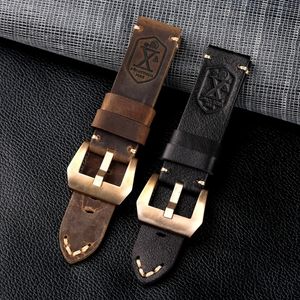 Assista Bandas Handmade Bronze Watchband 20 22 24 26mm Couro Macio Homens Primeira Camada Couro Espesso Material Compatível com PAM 230825