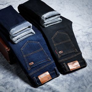 Mens 청바지 남자 Fleece Denim Slim Fit 스트레치 스마트 캐주얼 바지 고품질 겨울 두꺼운 따뜻한 검은 바지 40 230824