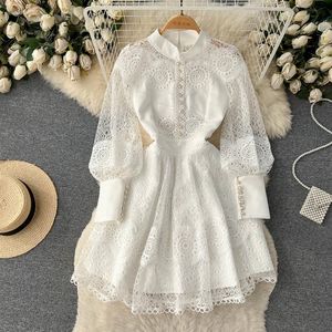 A Line Casual Dresses 2023 Vintage Flower Embroidery Hollow Out Lace Dress Women's Stand Collar Long Lantern Sleeve Pearls Bu270B