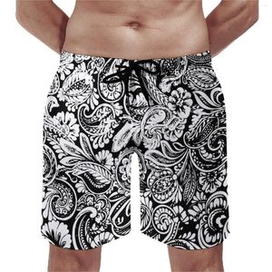 Shorts masculinos Gym Paisley Imprimir Hawaii Beach Troncos Preto e Branco Secagem Rápida Correndo Calças Curtas Oversize