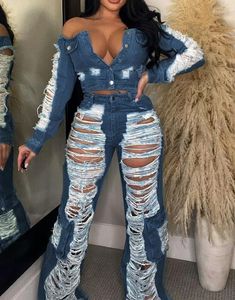 Frauen Zweiteilige Hosen Sexy Sets Für Frau Outfit Denim Hohe Taille Tasche Design Zerrissene Jeans 2023 Herbst Mode würzige Mädchen Kleidung