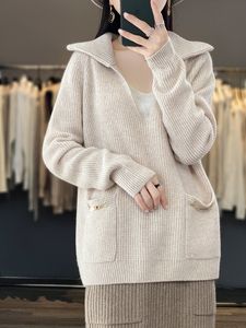 Suéteres femininos 100 Merino Wool Sweater Pulôver Gola Alta Outono Inverno Com Bolso Espessado Quente Cor Sólida Lapela Manga Longa Top 230824