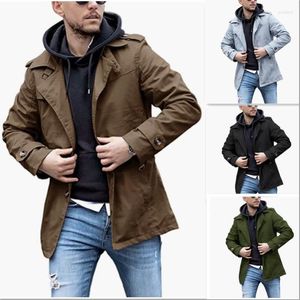 Men's Trench Coats Basic Spring And Autumn Coat Medium Length Solid Color