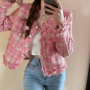 Damenjacken Plaid Tweed Mantel Frauen Plus Größe Rosa Luxus Wollquaste Outwear Einreiher Lange Sleve Taschen