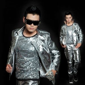 Giacche da uomo Moda Plus Size Rivetto Giacca in pelle argento Hip Hop Rock Abbigliamento moto Cantante maschile Pantaloni Costumi di scena 230824