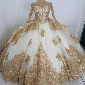 豪華な金のアップリケレースQuinceanera Dresses Longeved Vestidos de 15 Anos Ball Gownフォーマルバースデーコルセットトレインパーティープロムガウン