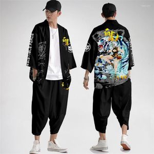 Men's Tracksuits Two-piece Suit Black Tiger Print Japanese Cardigan Women Men Cosplay Yukata Clothing Harajuku Kimono Pants Sets