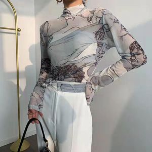 Magliette da donna Dolcevita Camicetta in rete Donna Stampa rinascimentale Manica lunga See Through Top Abbigliamento da donna trasparente firmato