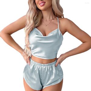 Mulheres sleepwear mulheres sexy lingerie duas peças cetim pijama sem mangas top curto sólido roupa interior conjunto casual casa terno verão respiração