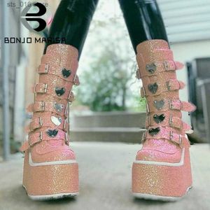 Boots New Brand Heart Love Goth Platform Wedges Combat Women Boots Sequins Sequin Glitter Zipper Punk Cool Motorcycle Ladies Shoes T230824