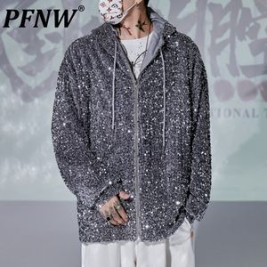 Mensjackor PFNW Spring Autumn Hooded Shiny Sequin Darkwear Reflective Fashion Techwear Zippers High Street Coat 12A9170 230824