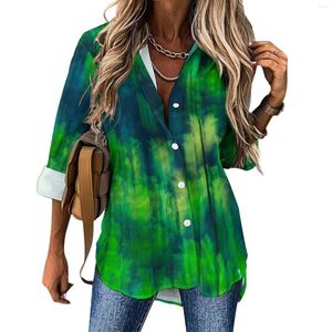 Blusas femininas verde brilhante floresta casual blusa de manga longa abstrata borrão impressão kawaii senhora básica camisa de grandes dimensões personalizado topo presente ideia