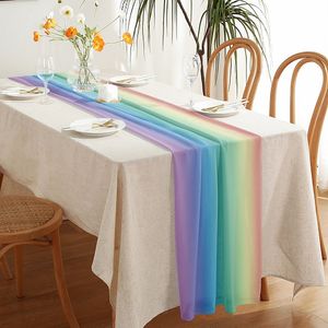 Runner da tavolo Strisce arcobaleno Runner da tavolo in chiffon trasparente Tavolo da pranzo di lusso Festa di nozze Runner da tavolo stampato Decorazione della casa 230824