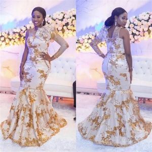 Aso ebi branco sereia vestidos de casamento com apliques de ouro babados flores mangas compridas vestidos de noiva robe de soiree