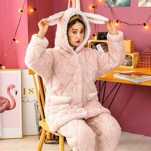 Kvinnors hoodies rosa öron kvinnor mjuk tjock pyjamas damer vinter flanal hålla varm sömnkläder söt kvinnlig långärmad tvåbit hem hem