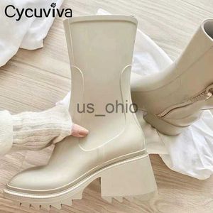 Stövlar Cycuviva Square Toe Rain Boots For Women Chunky Heel Thick Sole Ankle Boots Designer Chelsea Boots Ladies Rubber Boot Rain Shoes Y0910 J230825