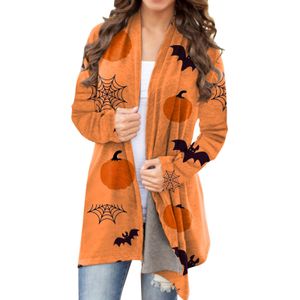 Kvinnor halloween cardigan kappa fashionabla pumpa djur katt moms tryckjacka långärmad kappa kvinnliga hösten vinterkläder
