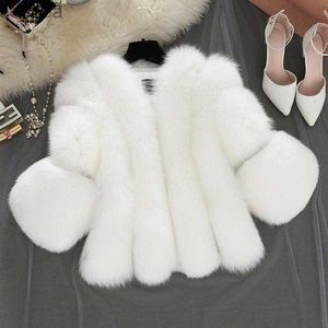 Fashion Artificial Rabbit and raccoon Fur Genuine leather jackets knitted mink long Coat Women Sleeve Fluffy Faux Fur Short Thick Coats Furry Party Overcoat Winter