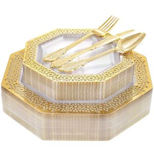 Disposable Dinnerware Golden Party Cutlery Set Dining Table Decoration Octagonal Plastic Plate Silverware Wedding Birthday Supplies 230825