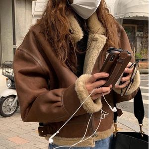 Women's Fur Streetwear Loose Moto Biker Winter Shearling Sheepskin Leather Jackets Thicken Parka Faux Lamb Outwear