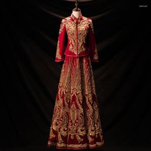 エスニック服チャイニーズスタイルのウェディングドレスCheongsam Suzhou Embroidery Velor Hand Beaded Marriage Suit Oriental Bride Vintage Qipao