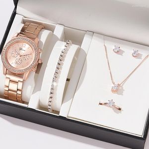 Relógios de pulso 6 pçs / conjunto relógio de luxo mulheres anel colar brincos strass moda relógio de pulso feminino casual senhoras relógios pulseira relógio