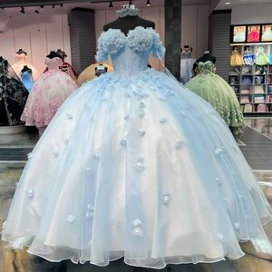De Meninas 15 Anos Porno 2023 Sky Blue Applique Quinceanera Dresses Dresses Ball Gown Puffy Off the Shoulder for Women