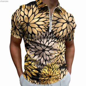 Gold Floral Print Casual Polo Shirt Flowers T-Shirts Mens Short-Sleeve Design Shirt Beach Trendy Oversize Clothes Birthday Gift HKD230825