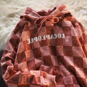 Women's Hoodies Cartoon Korean Pullover Graphic Sweatshirt Street Female Cute Kawaii Streetwear Long Sleeve Autumn Plaid Print Hoodie For