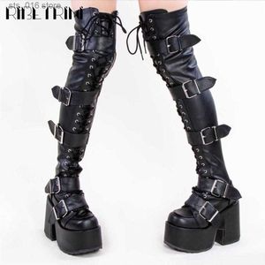 Boots Punk Goth Women Motorcycle Boots Block High Heels Platform Shoes Woman 2023 New Brand Luxury Fashion Design Cool Street Boots T230824