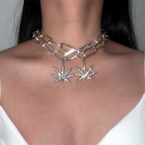 Anhänger Halsketten Punk Chunky Thick Metal Link Chain Halskette Choker Shiny Maple Leaf Strasssteine für Frauen Statement Schmuck 230613