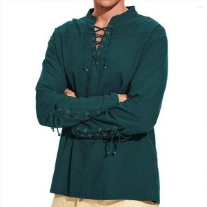 Camisas casuais masculinas com decote em v homens top vintage-inspirado laço-up colarinho com punhos de bandagem solto ajuste cor sólida estilo punk para