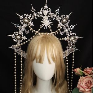 Fascia per capelli in argento gotico Halo Crown Lolita Tiara Copricapo barocco vintage della dea del sole di Halloween